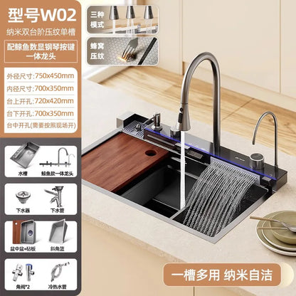 5.0 Thickened Whale Honeycomb Sink Feiyu Waterfall 304 Stainless Steel Handmade Digital Display Single Sink Household Kitchen