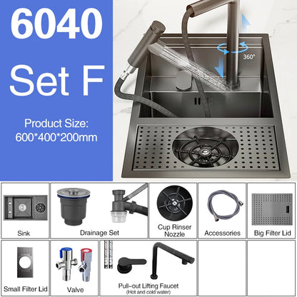 ASRAS Nano Black Small Size Kitchen Sink Cup Washer Hidden Bar Counter Cover Concealed Single Bowl Sinks With Lifting Faucet