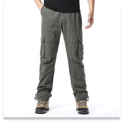Solid Cotton Multi Flap Pockets Men's Straight Leg Cargo Pants, Loose Casual Outdoor Pants, Men's Work Pants Outdoors Streetwear.