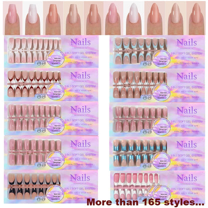 150Pcs/Box Acrylic Press on Nails Full Cover Fake False Tips Soft Gel Extension T-shaped Oval Capsule Almond Sculpted Salon DIY.