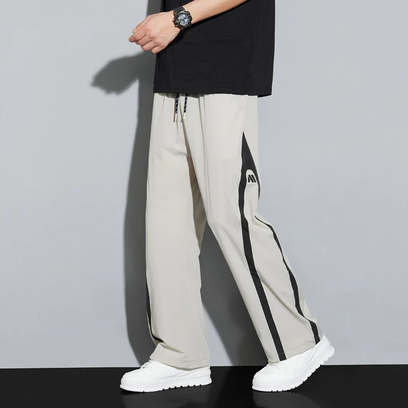 2025 Summer Ice Silk Casual Pants Boys Casual Peplum Pants Handsome Straight Colorblocking Sports Pants