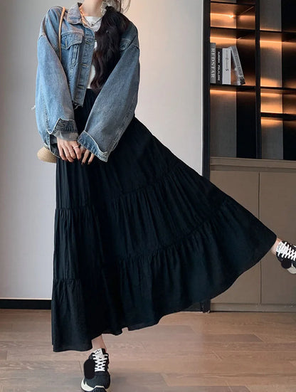 Spring Summer Women Long Skirts Fashion High Waist Elastic Patchwork A-Line Skirt Casual All-Match White Cake Maxi Skirts Female.