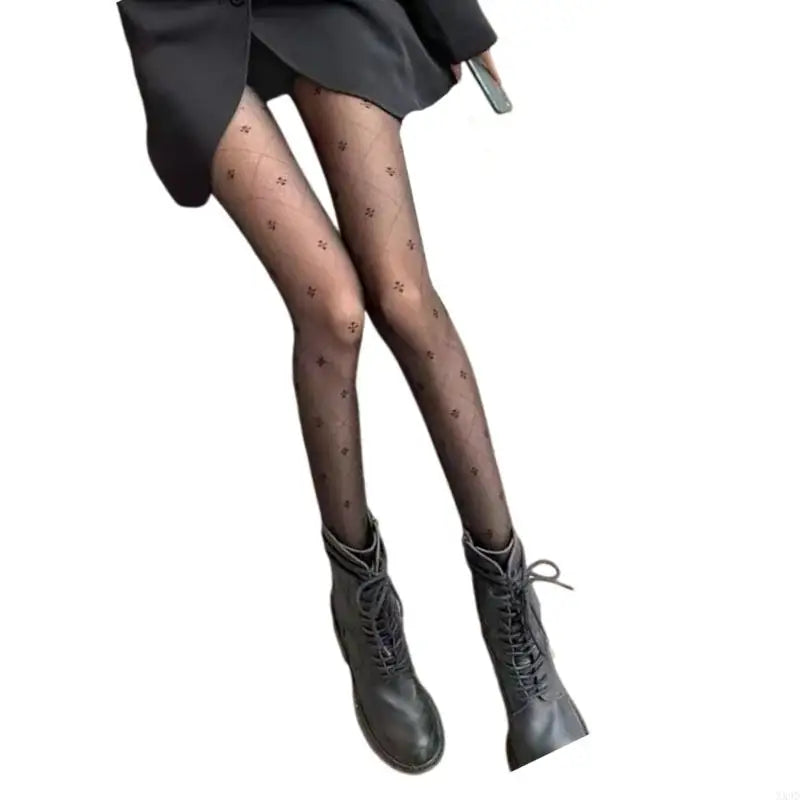 Elegant Four Leaf Jacquard Sheer Pantyhose Soft Stretchy Mesh Tights for Women.