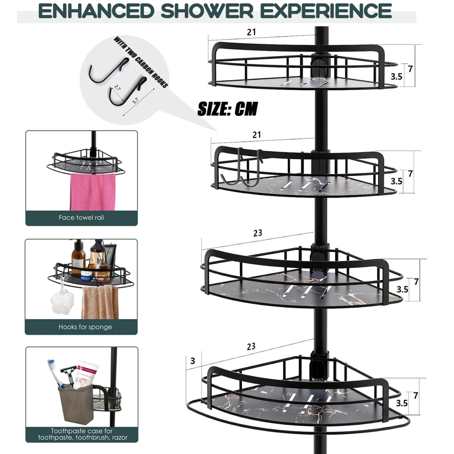 4-stufiges verstellbares Eck-Duschregal (82–296 cm) – kein Bohren, Spannstange, dreieckiger Organizer für Badezimmer, Küche, Aufbewahrung mit Haken