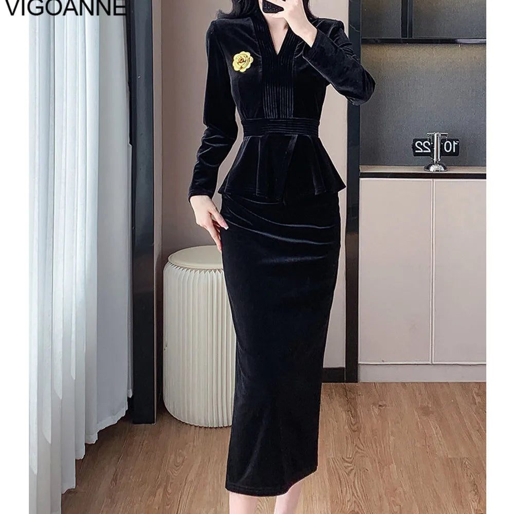 VigoAnne 2025 Solid V Neck Velvet 2 Piece Set Woman Long Sleeve High Waist Skirt Suits Lady Spring Autumn Korean Long Dress Suit.