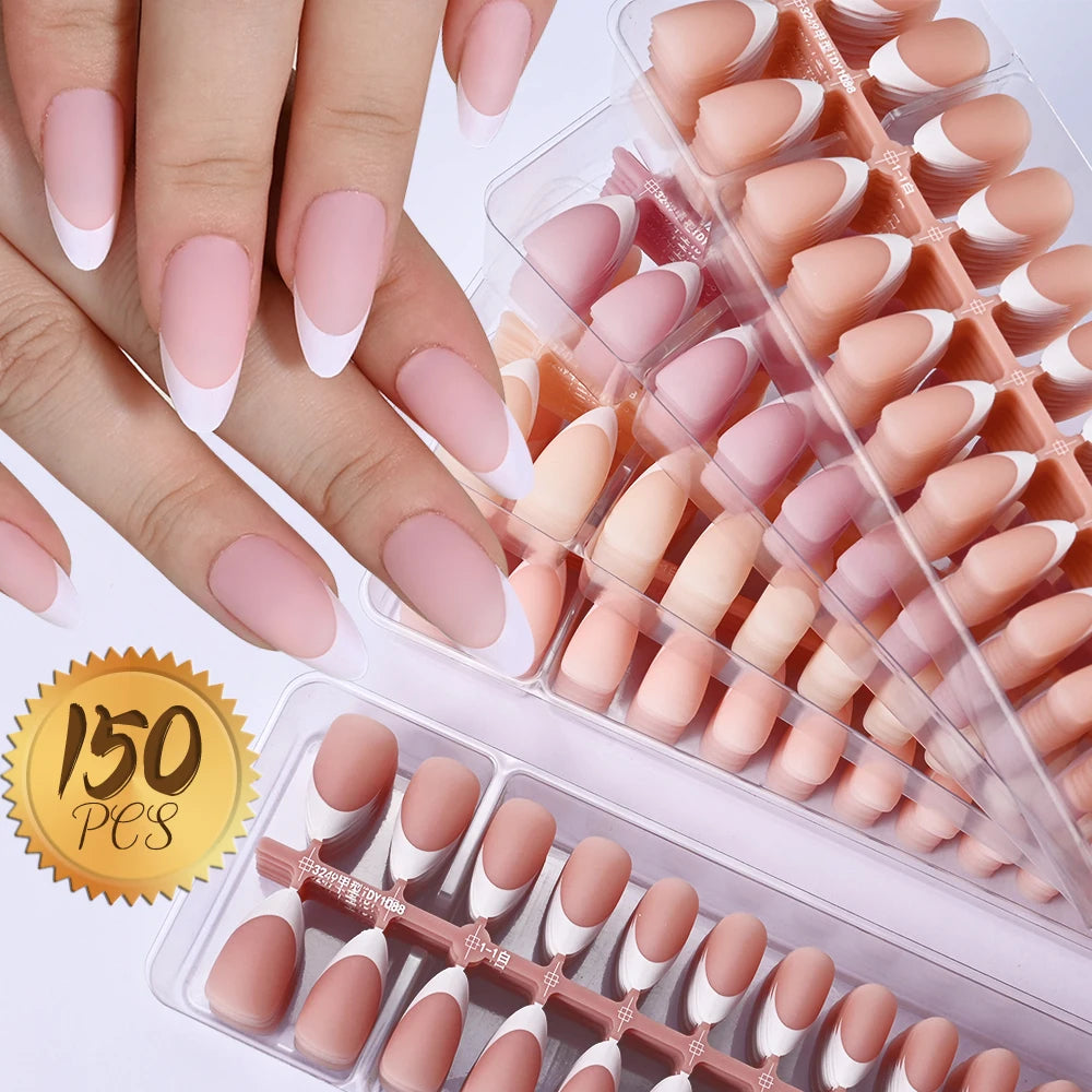 150Pcs Pre-made French False Nails Scarless Coffin Almond Fake Nail Artificial Fingernails Press on Nails for Nail Extension.