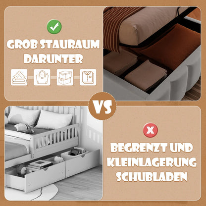 Modernes Polsterbett, 90 x 200 cm, ohne Matratze, LED-Beleuchtung, mit hydraulischem Gerät, verstellbarer Kopfteil, Samt, Grau