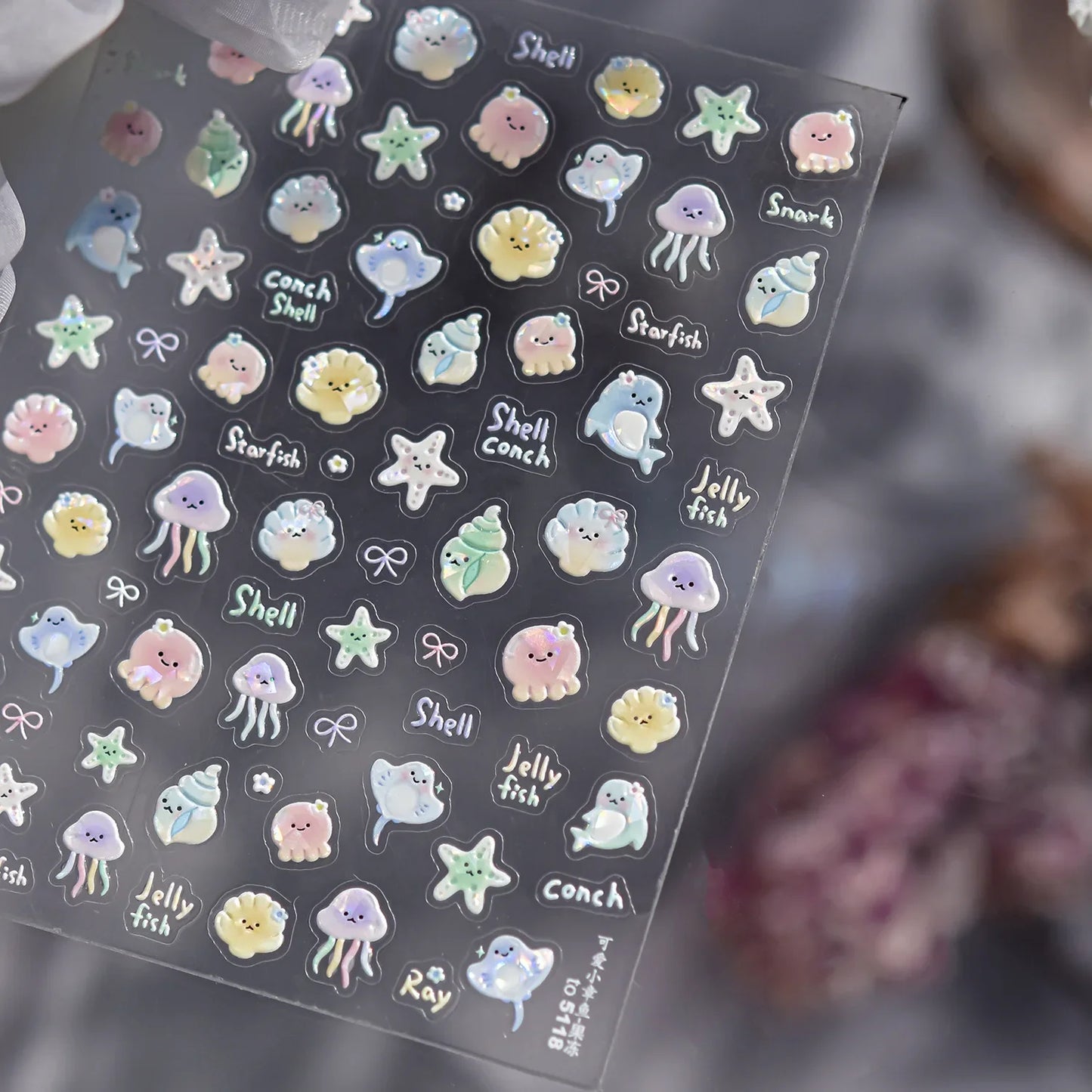 Ocean Theme 5D Nail Sticker Summer Beach Seashells Starfish Conch Scallop Shell Coral Self Adhesive Decoration Manicure Decal