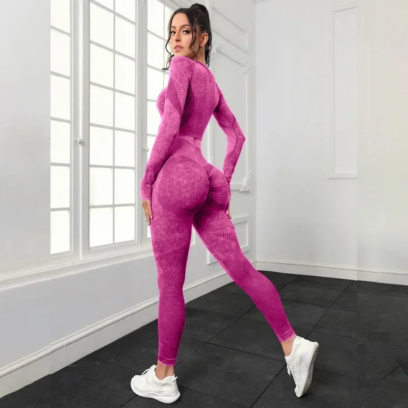 Mileegirl 2pcs Gym Sets Women Seamless Sports Pants Hollow Out Long sleeves Top Fitness Winter Fall Workout Legging Warm Outifts.