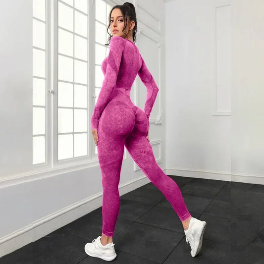 Mileegirl 2pcs Gym Sets Women Seamless Sports Pants Hollow Out Long sleeves Top Fitness Winter Fall Workout Legging Warm Outifts.