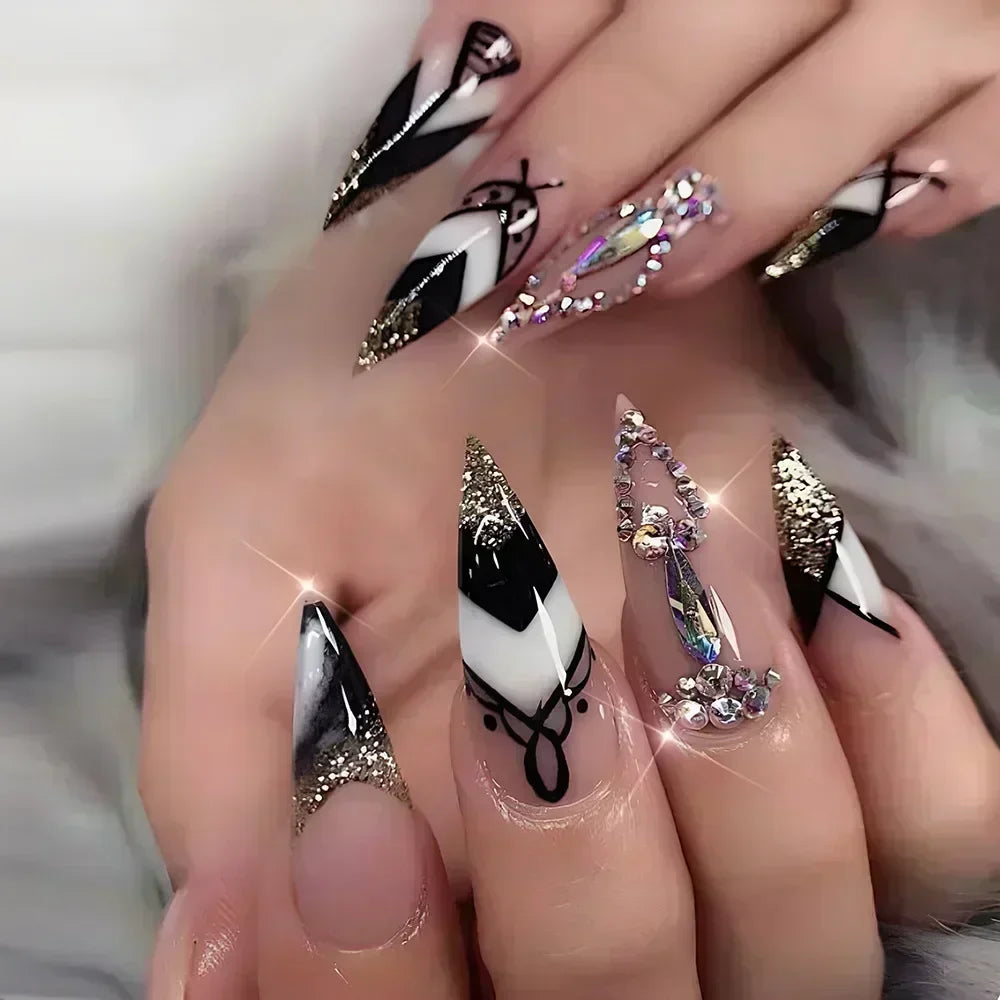 24Pc False Nails with Glue Almond Black Red Gradient Design Detachable Rhinestone Acrylic Fake Nail Long Stiletto Press on Nails