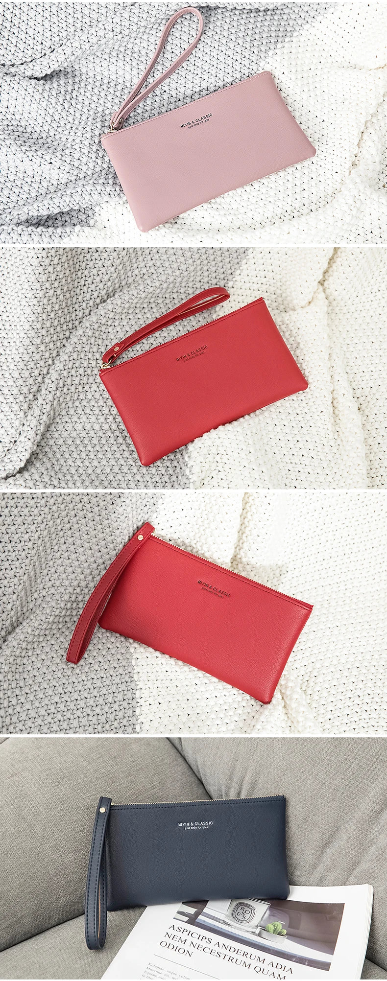 Simple Solid Color Thin Long Wallet PU Leather Large Capacity Zipper Wallet Classic Fashion Womens Handbag Can Hold Mobile Phone.