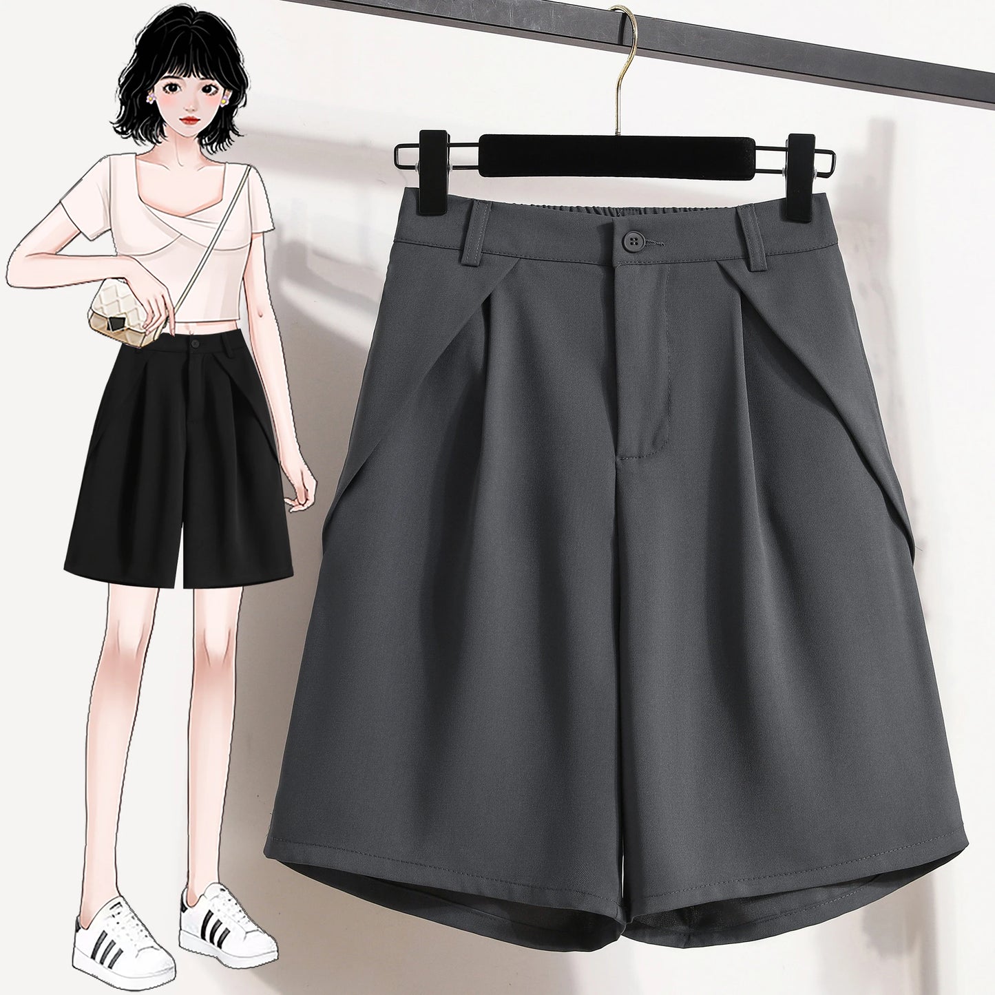 Women's A-Line High Waisted Wide Leg Short Pants Plus Size Casual Suit Shorts Summer 2025 Oversized Loose Five Quarter Pants