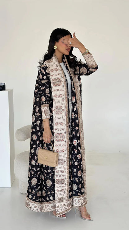 Abaya Miyake Pleated Printed Robe Jacket Arabian Dubai Style Women's Long Sleeve Conservative Demure Muslim Trench Coat 55inches.