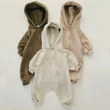 2024 Baby Kapuze Reiß verschluss Bodysuit Neugeborene Jungen und Mädchen Bergsteiger Anzug einfarbig Bodysuit Long Fit Sport Kletter anzug