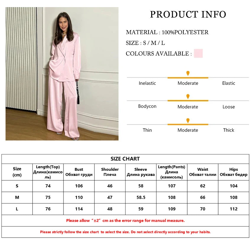 Clacive Fashion Loose Pink Satin Pants Sets For Women 2 Pieces Elegant Long Sleeve Shirt With High Waist Wide Trousers Suits.