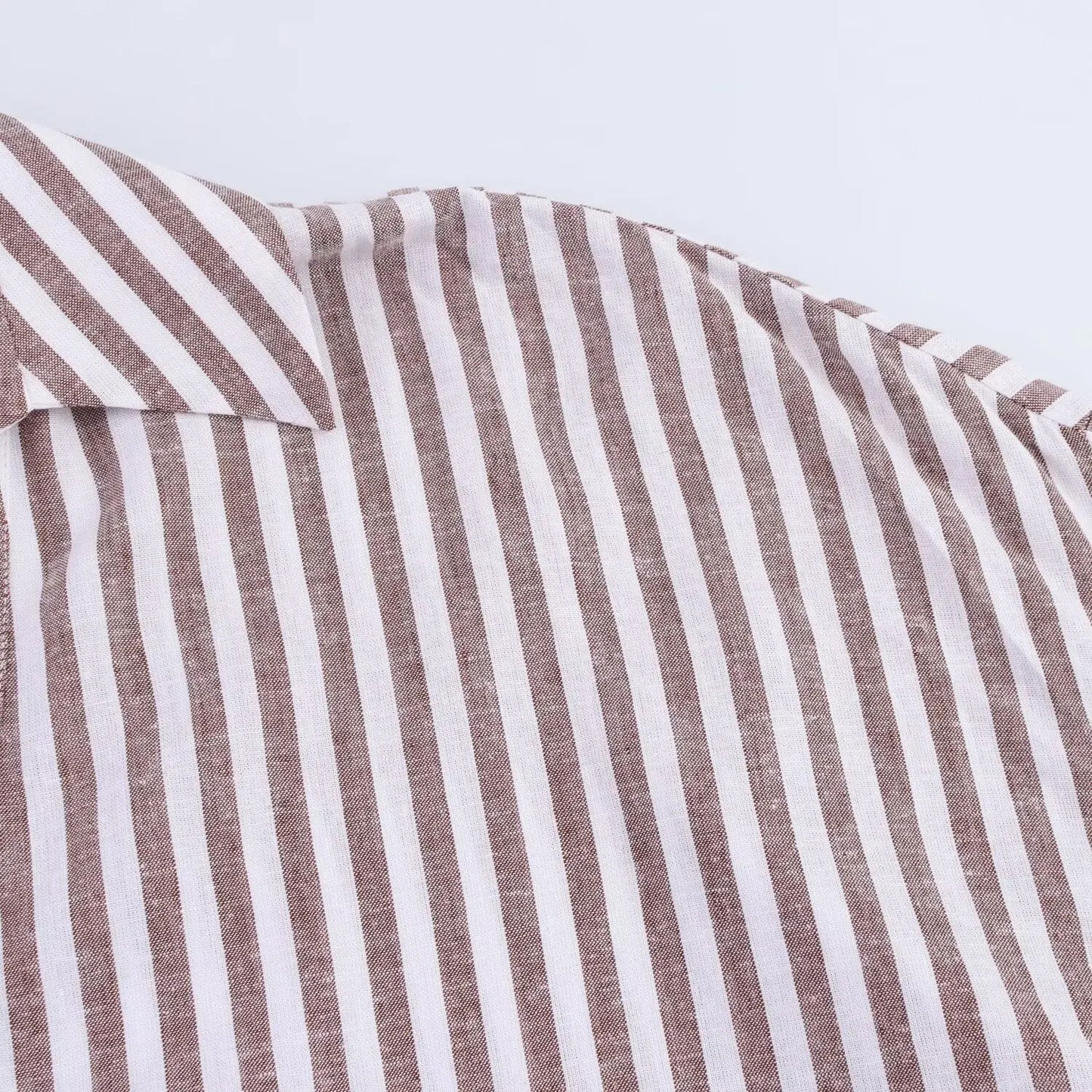 Summer Women's Curled Wide Sleeves Linen Blended Striped Asymmetric Casual Shirt Versatile Collar Linen Blended Printed Shirt.