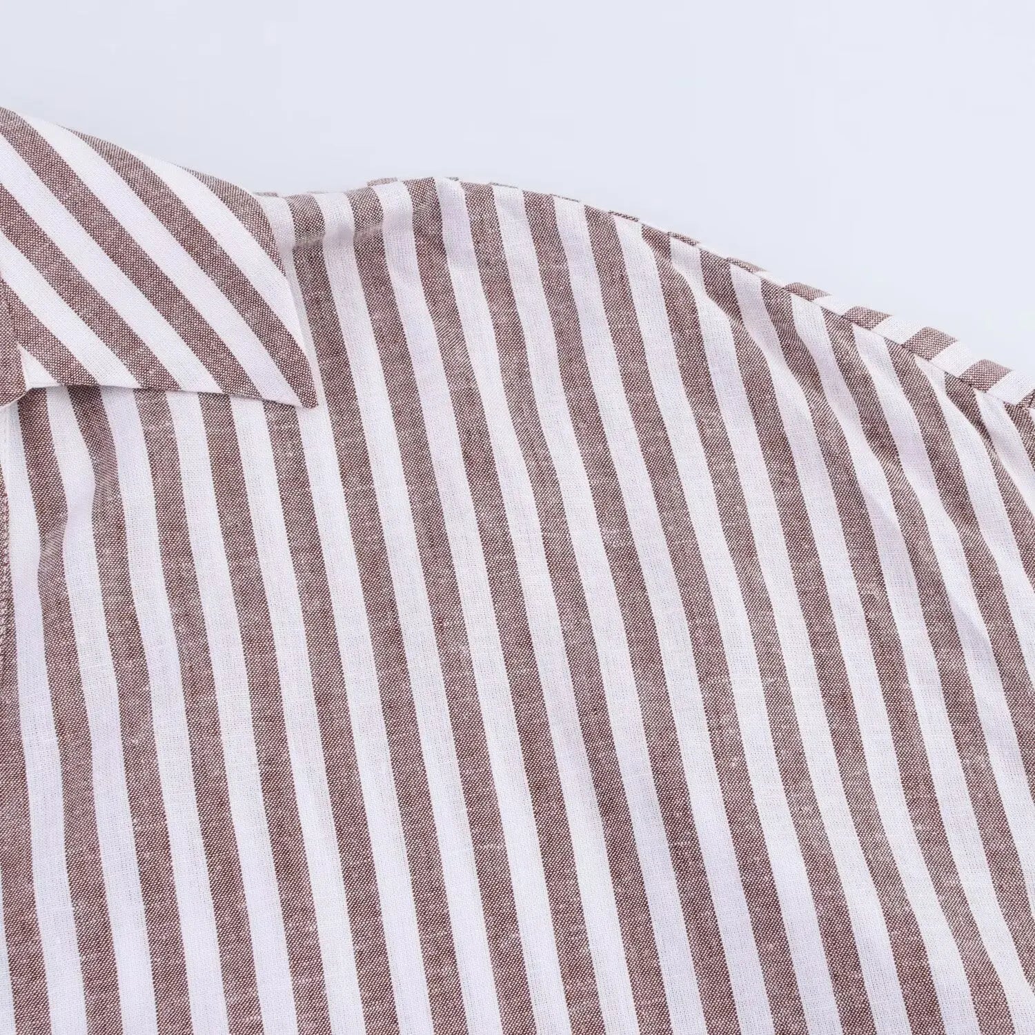 Summer Women's Curled Wide Sleeves Linen Blended Striped Asymmetric Casual Shirt Versatile Collar Linen Blended Printed Shirt.