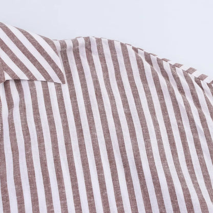 Summer Women's Curled Wide Sleeves Linen Blended Striped Asymmetric Casual Shirt Versatile Collar Linen Blended Printed Shirt.