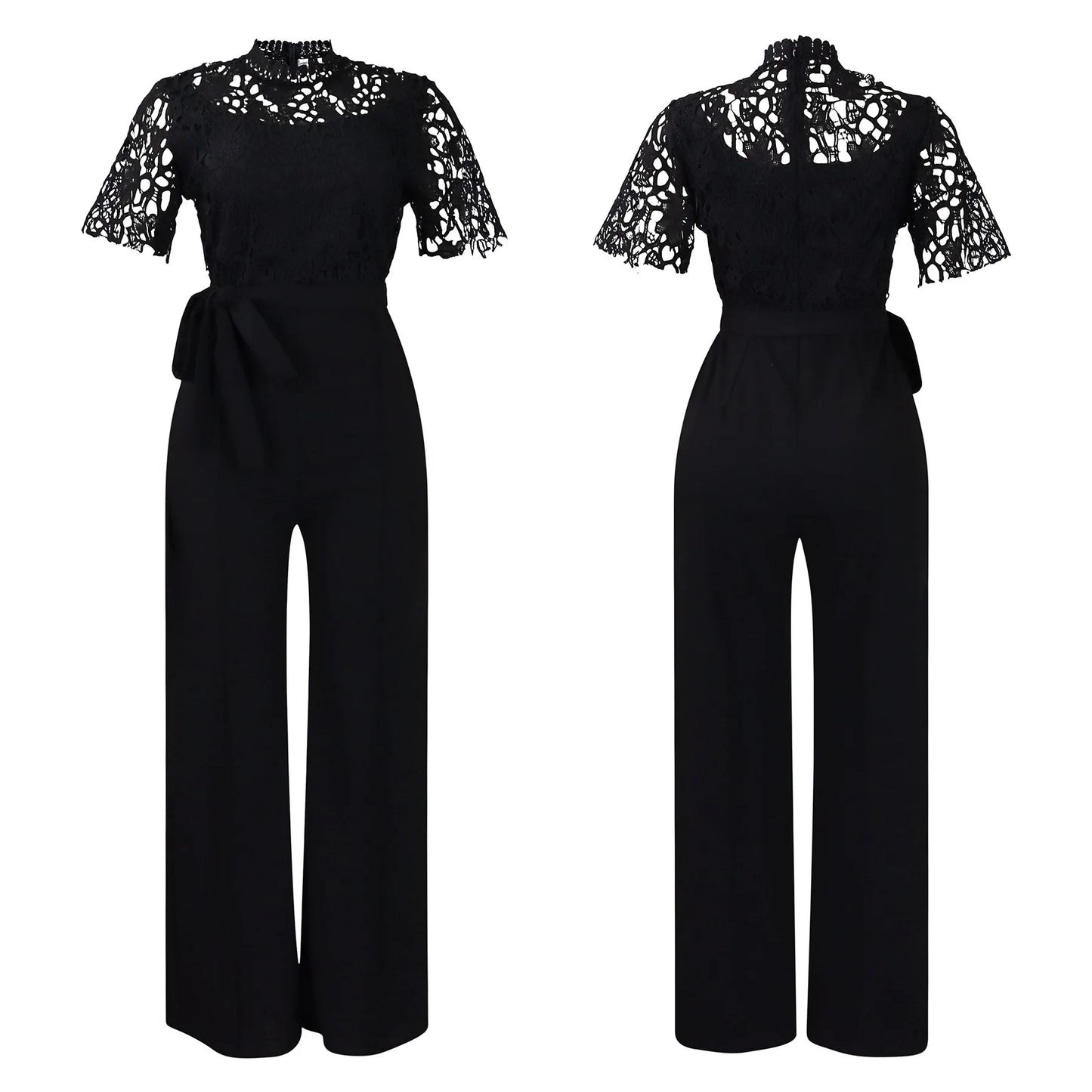 Elegant Jumpsuits & Rompers for Women O Neck Lace Patchwork Short Sleeve Sashes High Waisted Luxury Birthday Party Dinner Outfit