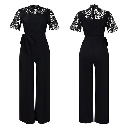 Elegant Jumpsuits & Rompers for Women O Neck Lace Patchwork Short Sleeve Sashes High Waisted Luxury Birthday Party Dinner Outfit