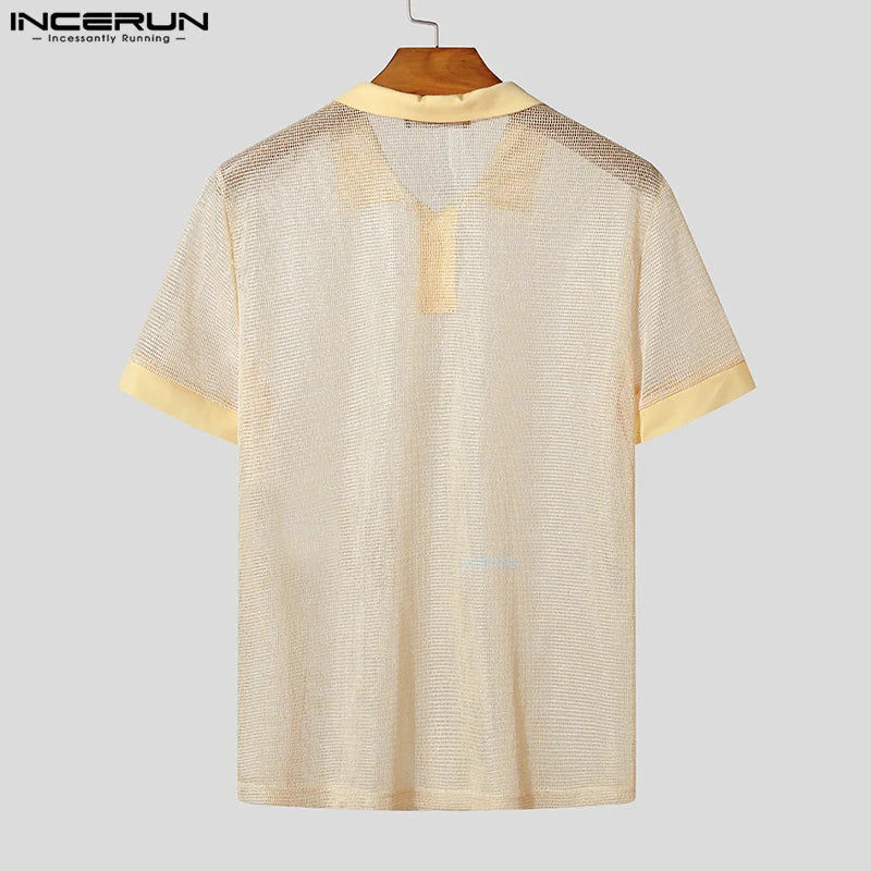 Men Short Sets Fashion Hollow Out INCERUN Two-piece Suits  Men's Sets Streetwear Short Sleeve Tops Shorts Men's Clothing Summer