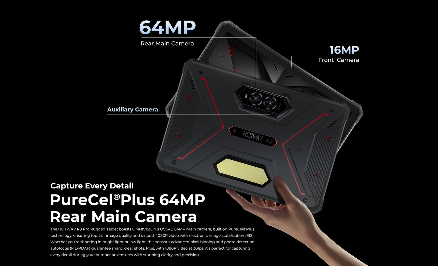 HOTWAV R9 Pro Rugged Tablet Android 14 11" FHD+ 20080mAh Pad 64MP Rear Camera 6GB 256GB Tablet PC With Super Camping light