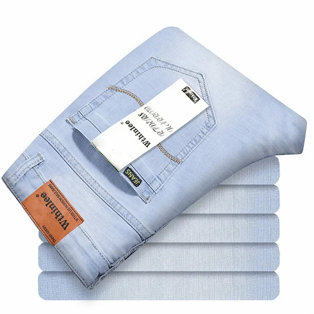 Brand Jeans 2025 Summer Business Jeans Men Light Blue Casual Straight Stretch Fashion Classic Work Denim Trousers Male Clothing.
