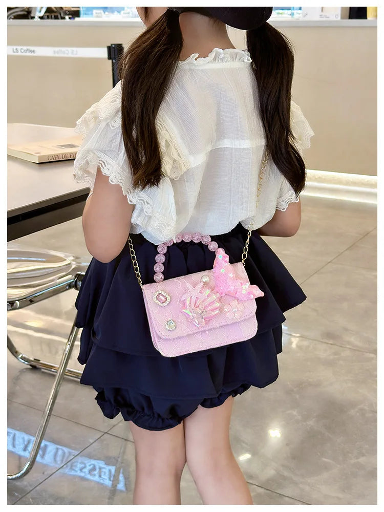 Lovely Sequin Girls Square Shoulder Bag Fish Tail Starfish Princess Crossbody Bags Bead Handle Children's Small Handbags Purse.