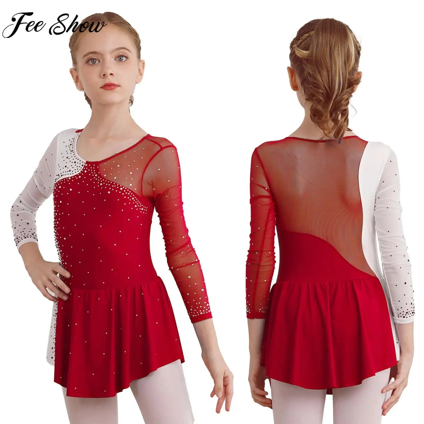 6-16Y Mädchen Eiskunstlauf Tanz Kleid Ballett Gymnastik Trikot Langarm Shiny Strass Sheer Mesh Leistung Dancewear.
