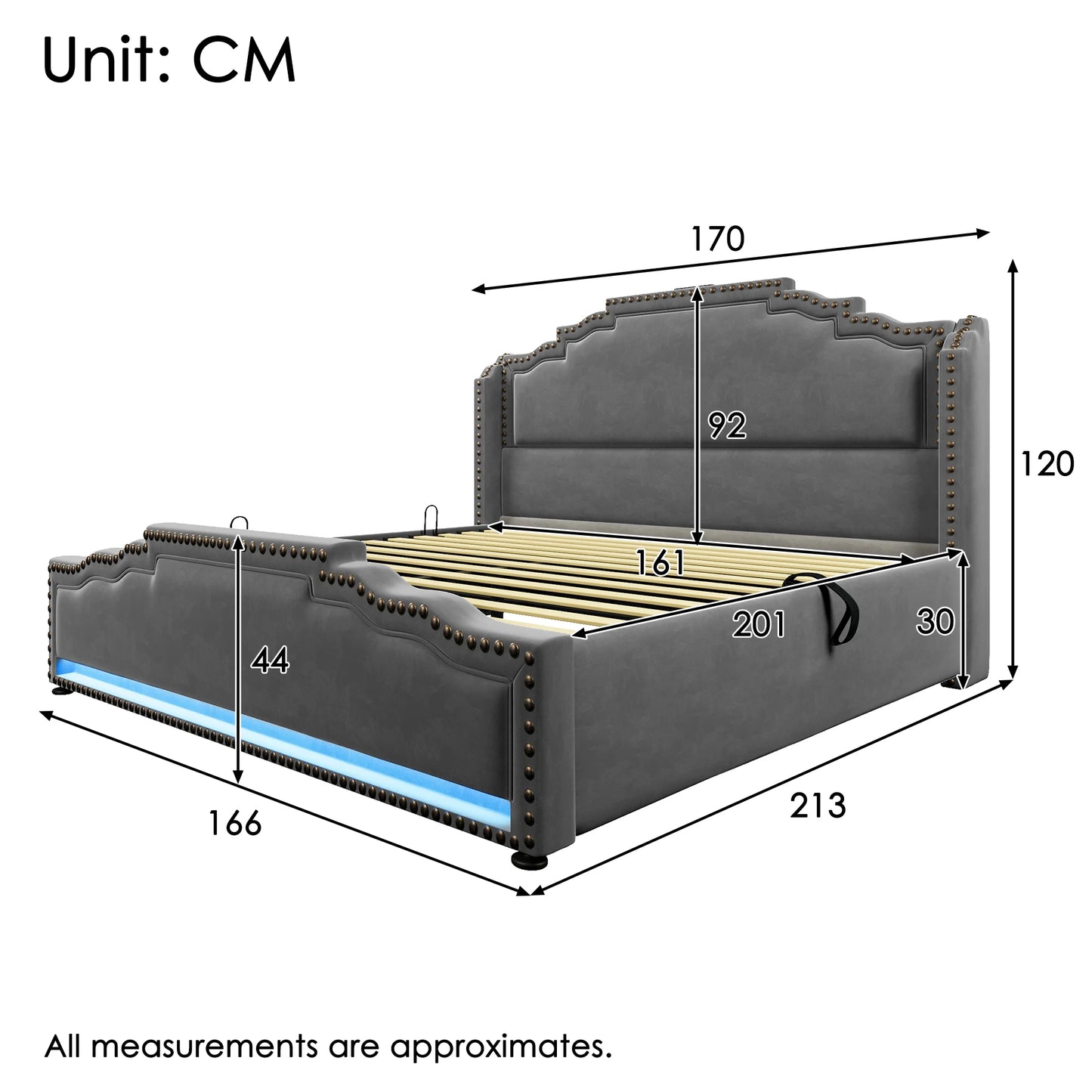 KOMHTOM Doppelbett Samt, Hydraulischer Stauraum, LED-Beleuchtung, USB-C-Ladeanschluss, ohne Matratze