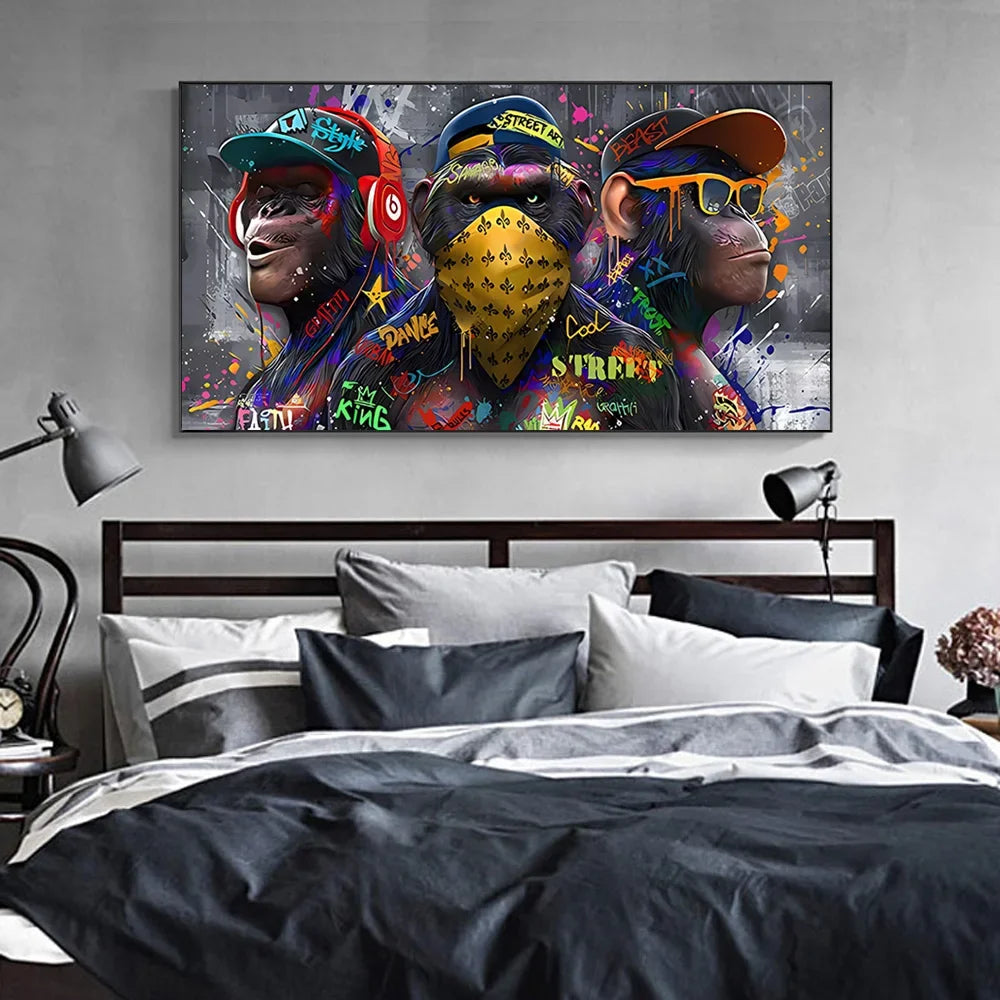 Graffiti Three monkey Wall Art Poster Animal Pop Mural Modern Home Decor Canvas Painting Picture Prints Living Room Decoration.
