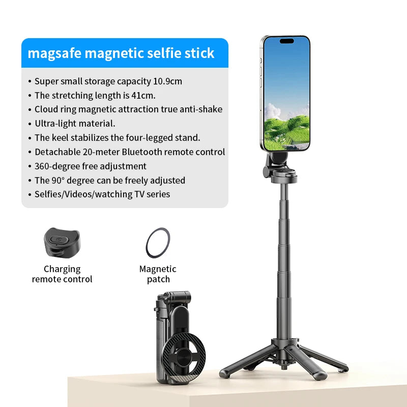 Magnetic Phone Holder 360° Rotation Pocket Selfie Stick With Bluetooth Remote Adjustable Desktop Stand for Live Streaming.