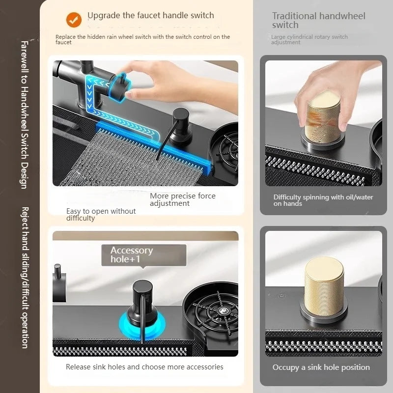 Stainless Steel Kitchen Sink With Waterfall Nano Embossed Large Single Slot Vegetable and Dishwashing Sinks Udermount Basin