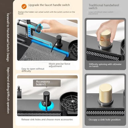 Stainless Steel Kitchen Sink With Waterfall Nano Embossed Large Single Slot Vegetable and Dishwashing Sinks Udermount Basin