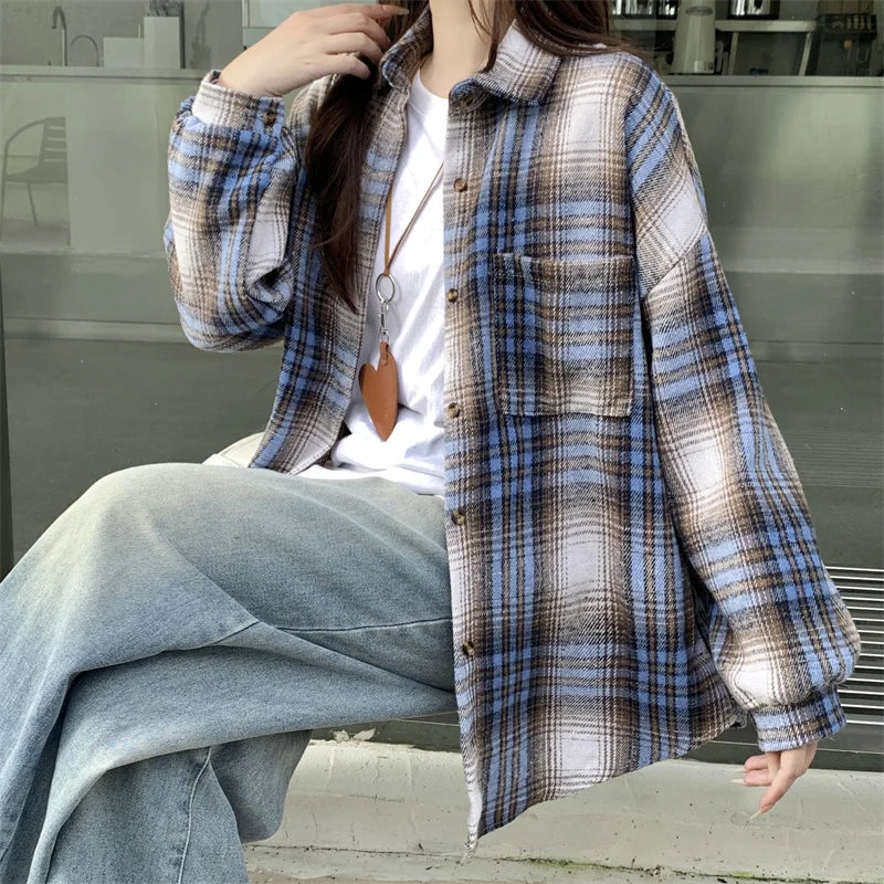 Zjaiss Women Thick Woolen Plaid Blouse Loose Long Sleeved Tops 2025 Autumn Winter New Casual Shirt Long Shirts