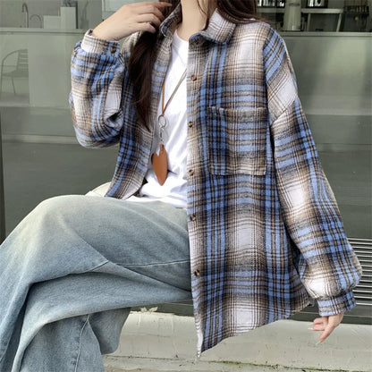 Zjaiss Women Thick Woolen Plaid Blouse Loose Long Sleeved Tops 2025 Autumn Winter New Casual Shirt Long Shirts