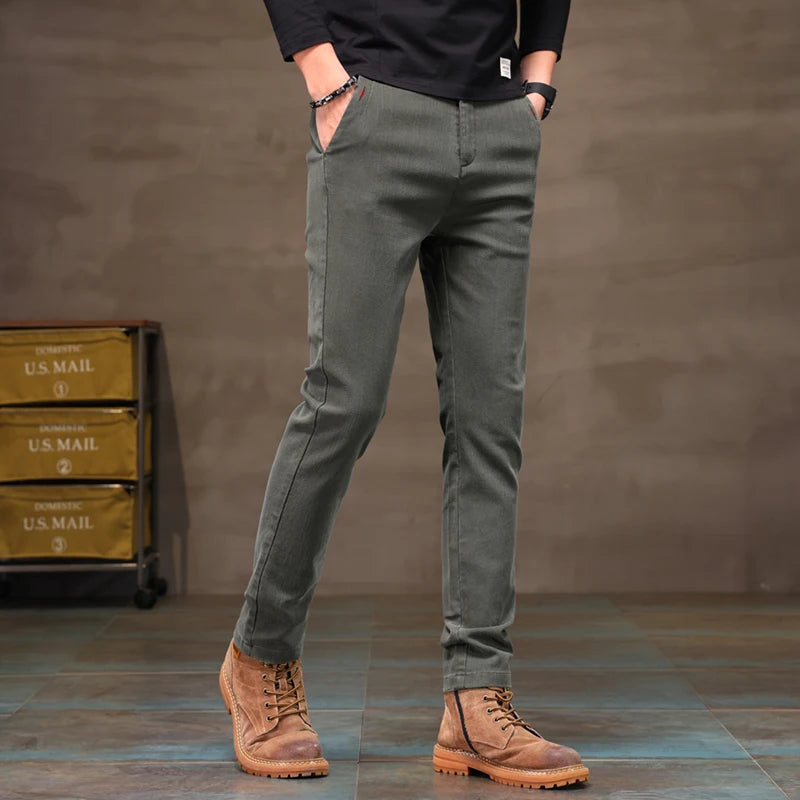 Men's Business Casual Pants Stretch Slim Fit Straight Semi-elastic Waist Trousers Solid Classic Office Work Male Clothing.