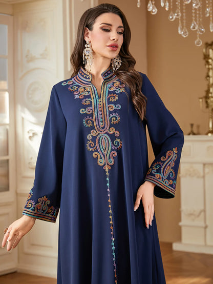 Dubai Muslim New Fashion Women's Embroidereid Long Sleeve V-neck Loose A-line Ankle Length Dresses Female Trendy Elegant Clothes.