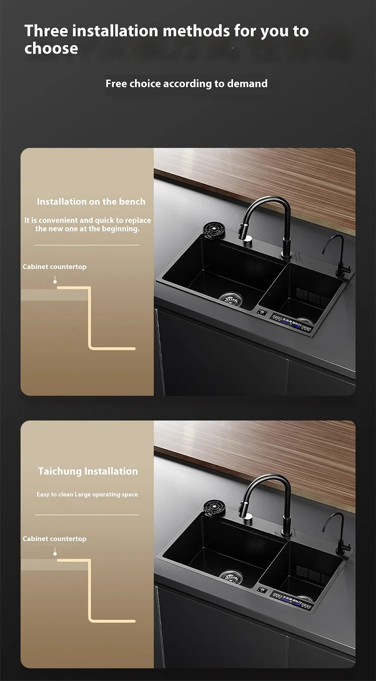 Water Catalyst Stainless Steel Kitchen Sink Multifunctional Smart Double slot Cleaning Ingredients Dishes Kitchen Sink
