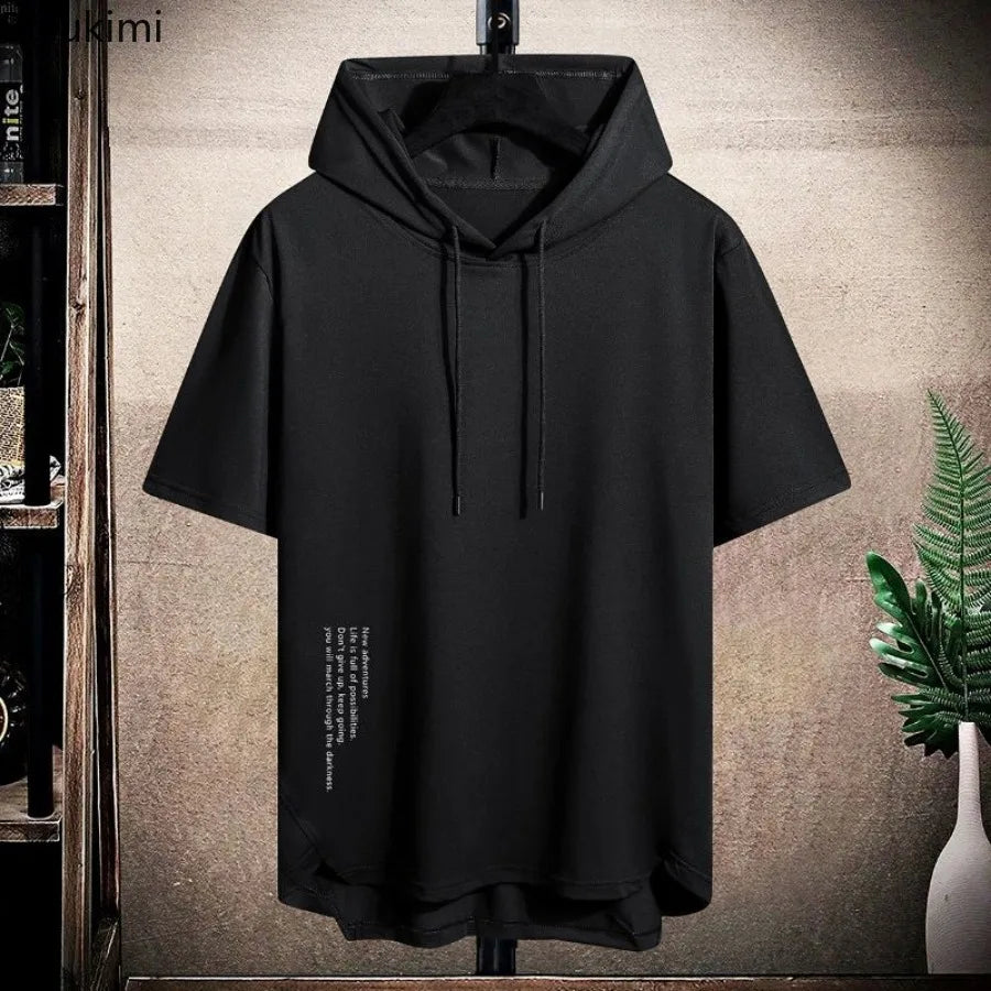 2025 Men's Summer Hoodies T-shirts Short Sleeve Solid Color Loose Hooded Drawstring Pullover Tops Basic Tees for Daily Wear Male.