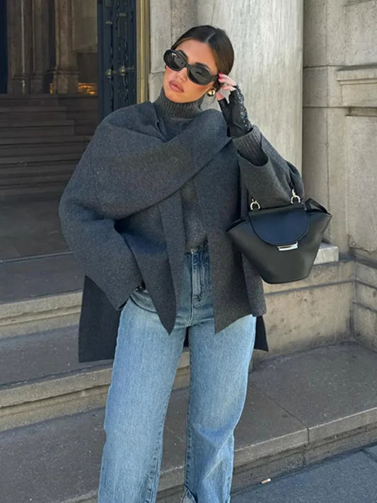 ZBZA Women's Asymmetric Scarf Knitted Jacket O-neck Single Button Side Slit Solid Loose Coat Winter New Female Chic Outerwear.