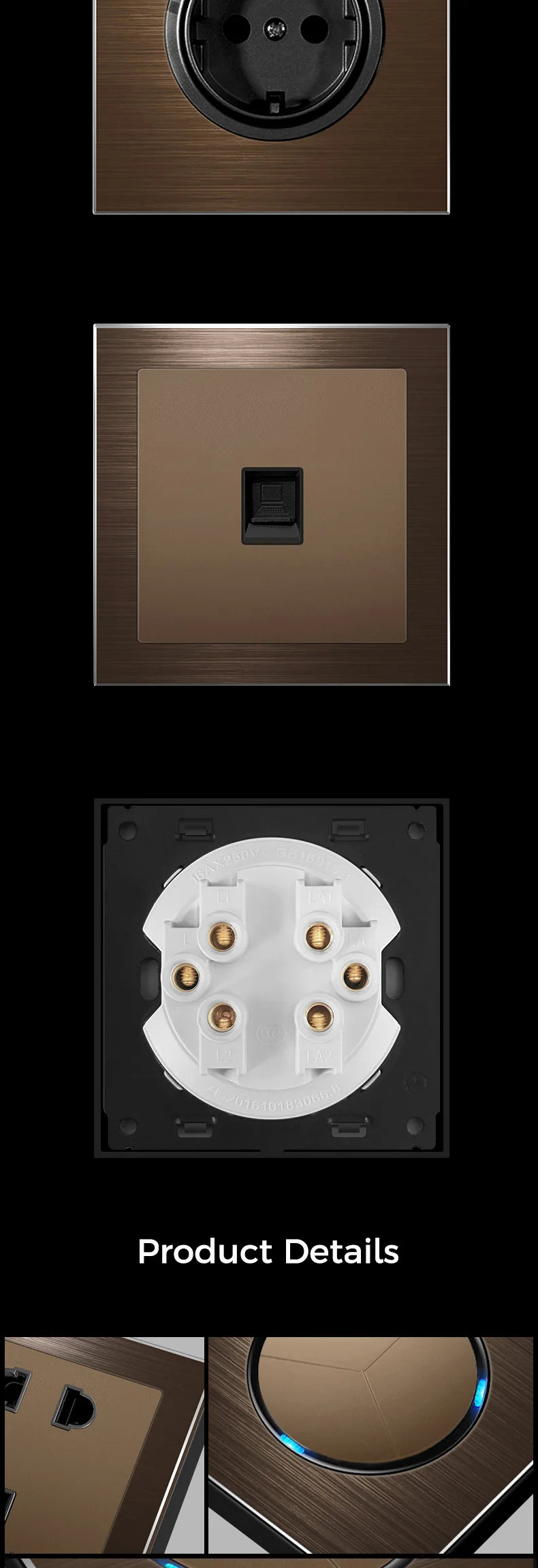 YINKA Schaltersteckdose, Aluminium, gebürstetes braunes Panel mit LED-Anzeige, EU-Steckdose, Schalttafel, elektrischer Lichtschalter, AC110–250 V, NET.