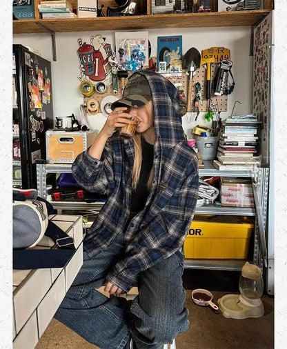 HOUZHOU Vintage Plaid Shirts Women Harajuku Long Sleeve American Style Drawstring Hooded Blouses Loose Casual Streetwear Spring.