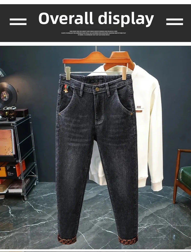 Gestickte Slim-Fit-Jeans mit geradem Bein, High-End-Freizeithose für Herren, durchgehender Bodendruck, dehnbar, trendige Marken-Freizeitjeans.
