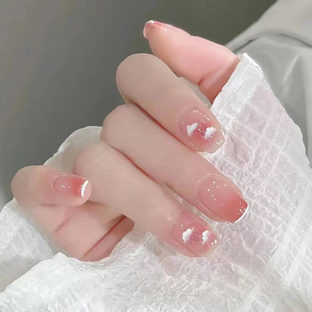 24Pcs Mid-Length Fake Nails 3D Flower Pearl Designs Nude Pink Color Press on Nails Ballerina False Nails for Women DIY Manicure