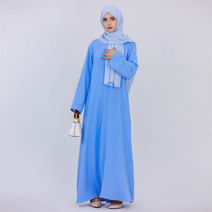 Ramadan Eid Solid Linen Dubai Abaya Turkey Islam Muslim Modest Dress Kaftan Prayer Clothes For Women Kebaya Robe Femme Musulmane