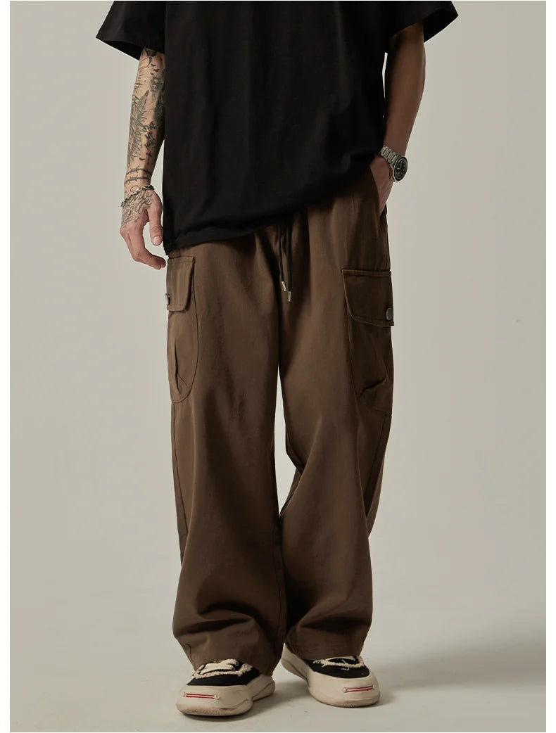 Men's Sweatpants 2025 Spring Autumn Vintage Japanese Wide Leg Straight Loose Button Big Pockets Cargo Pants Drawstring Trousers.