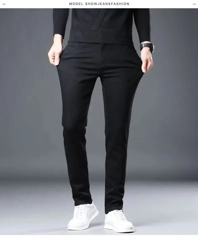 Slim Fit Stretch Business Men's Jeans Summer Trendy Thin Style Male Denim Pants Mid Waist Washed Design Casual Trousers.