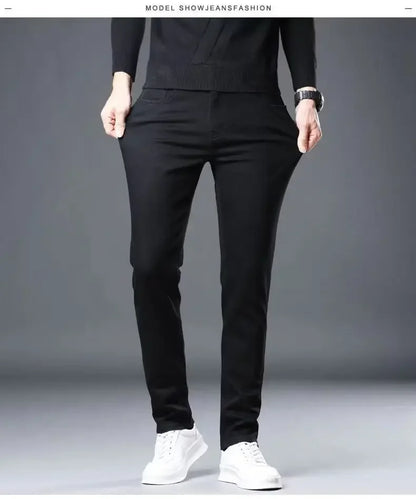 Slim Fit Stretch Business Men's Jeans Summer Trendy Thin Style Male Denim Pants Mid Waist Washed Design Casual Trousers.